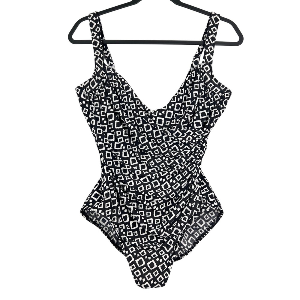 Miraclesuit 10 Black White One Piece Tummy Control Slimming Ruched Swim Suit
